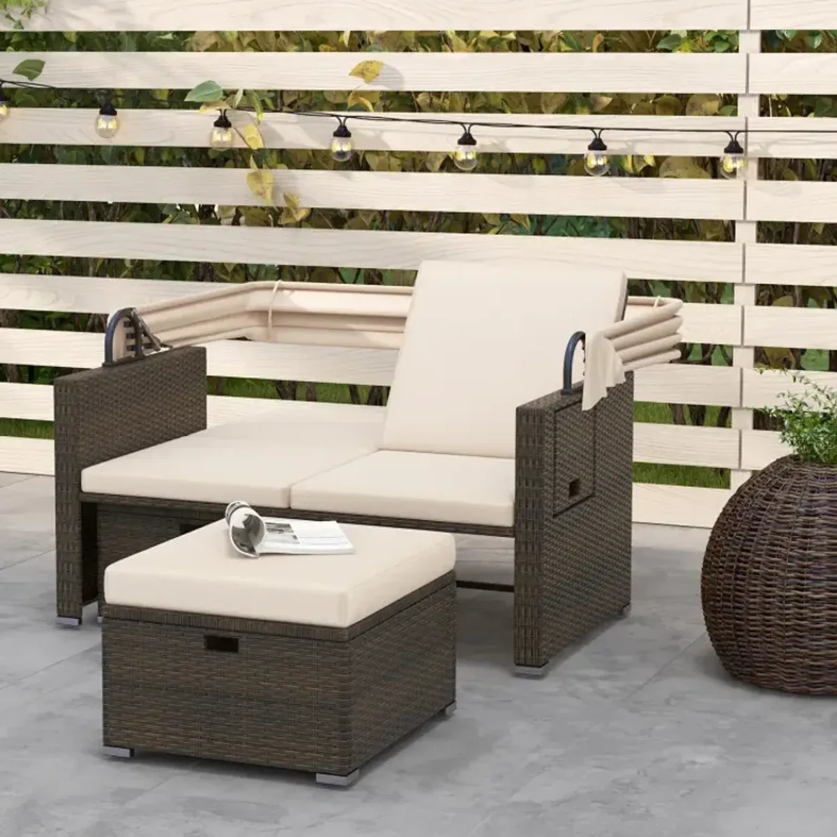 Outdoor Patio Rattan Daybed with Retractable Canopy and Adjustable Backrests