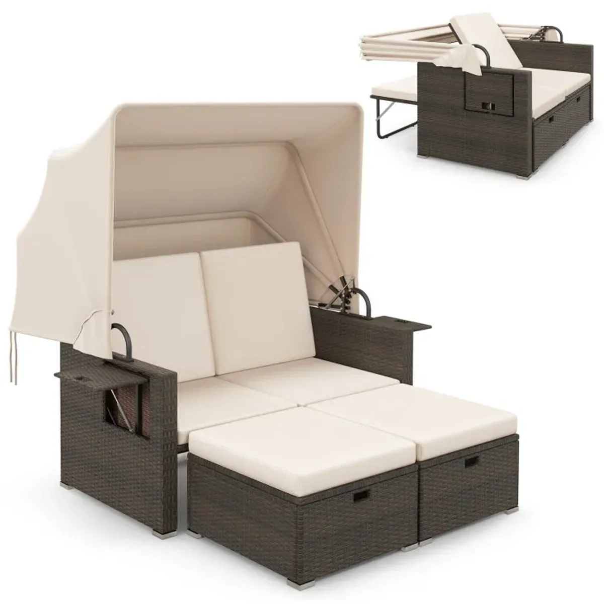 Outdoor Patio Rattan Daybed with Retractable Canopy and Adjustable Backrests
