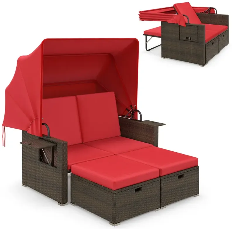 Outdoor Patio Rattan Daybed with Retractable Canopy and Adjustable Backrests