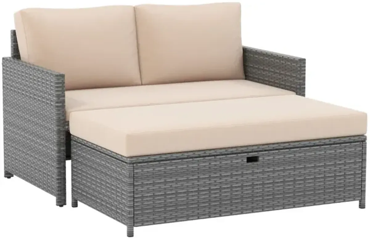 Outdoor Rattan Daybed Wicker Loveseat with 31 Gallon Storage Ottoman