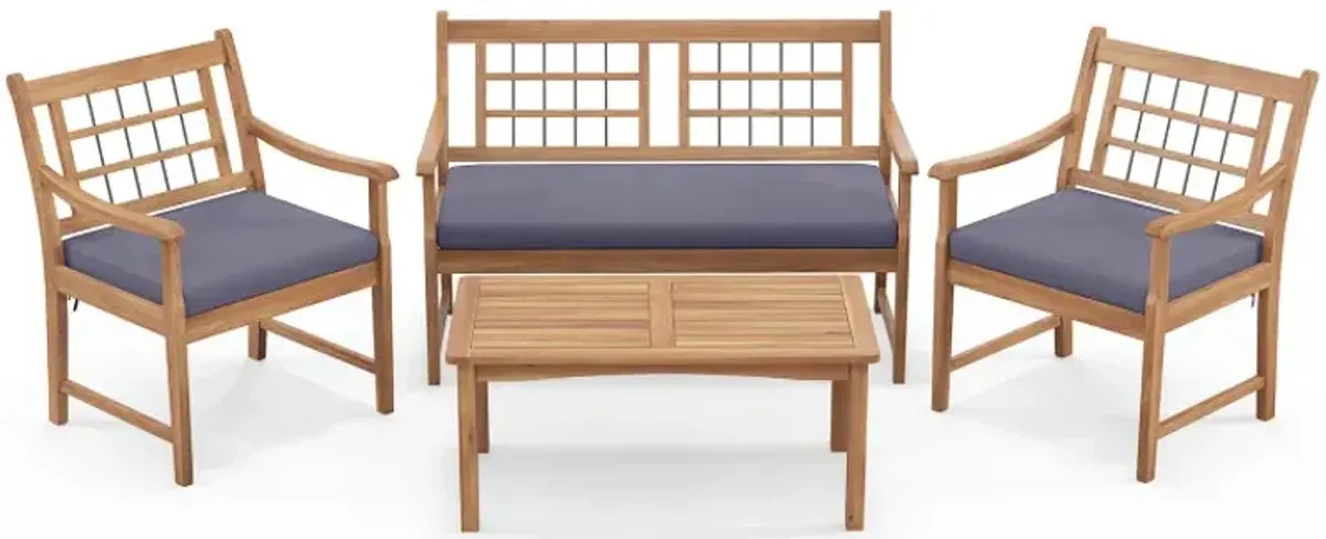 4 Piece Wood Patio Furniture with Armchairs Loveseat and Coffee Table