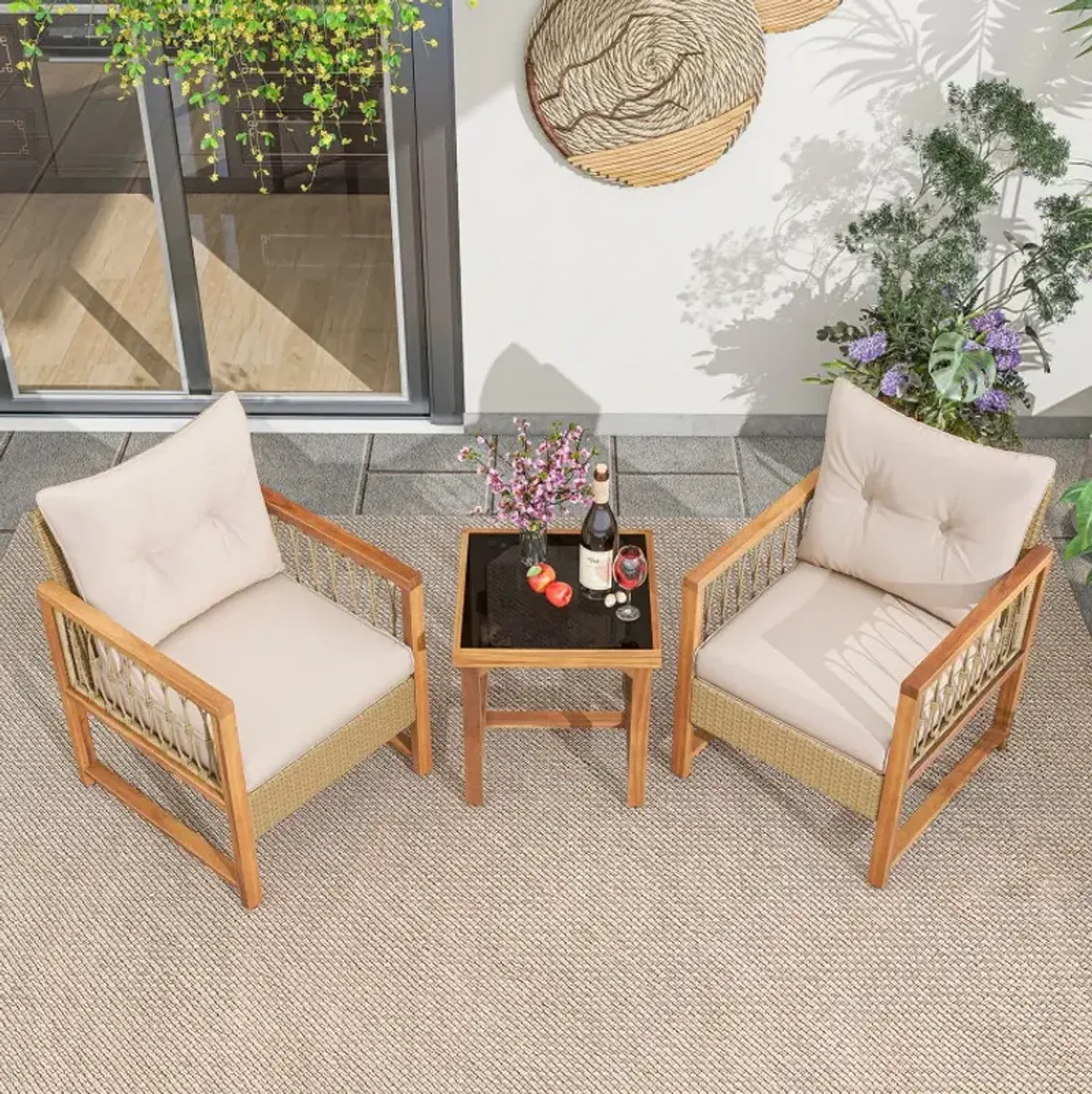 3 Pieces Patio Furniture Set with Acacia Wood Frame Cushions