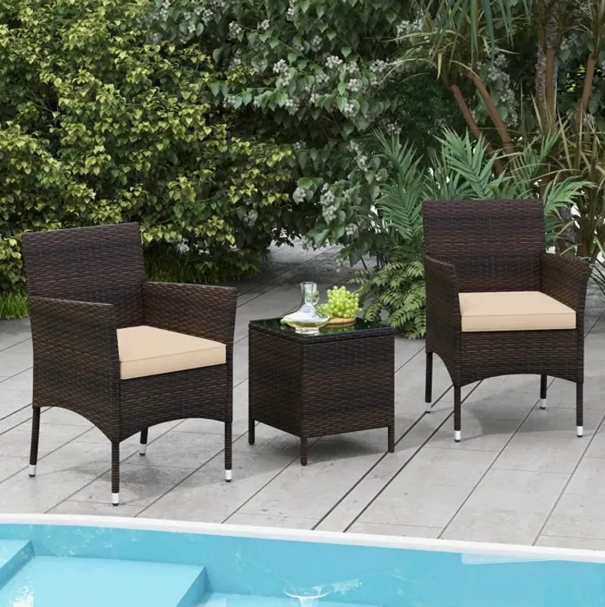 3 Pieces Outdoor Conversation Set with Cushioned Seat and Glass Tabletop