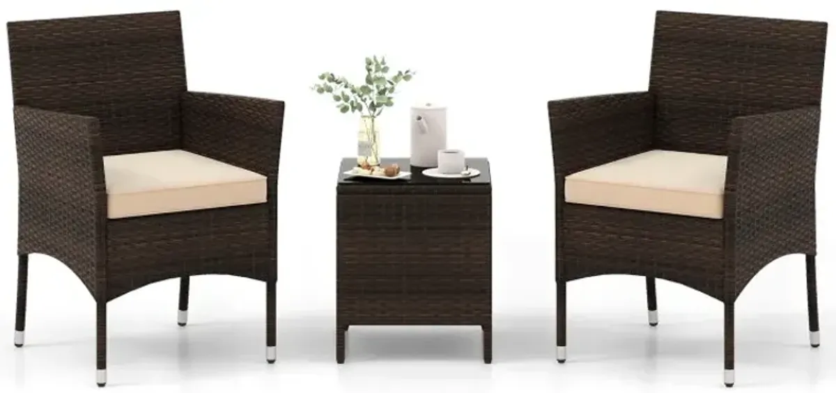 3 Pieces Outdoor Conversation Set with Cushioned Seat and Glass Tabletop