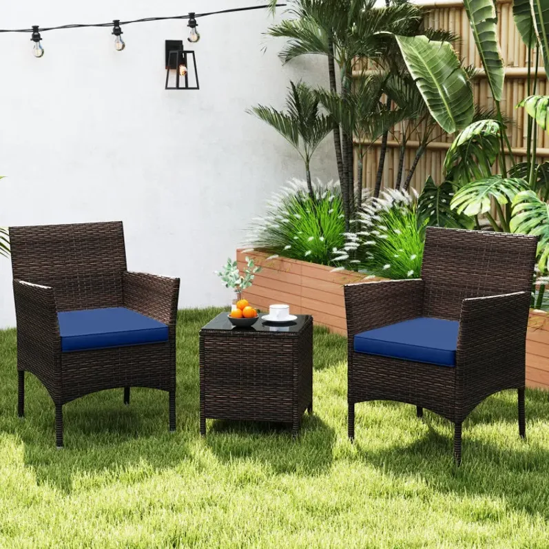 3 Pieces Outdoor Conversation Set with Cushioned Seat and Glass Tabletop