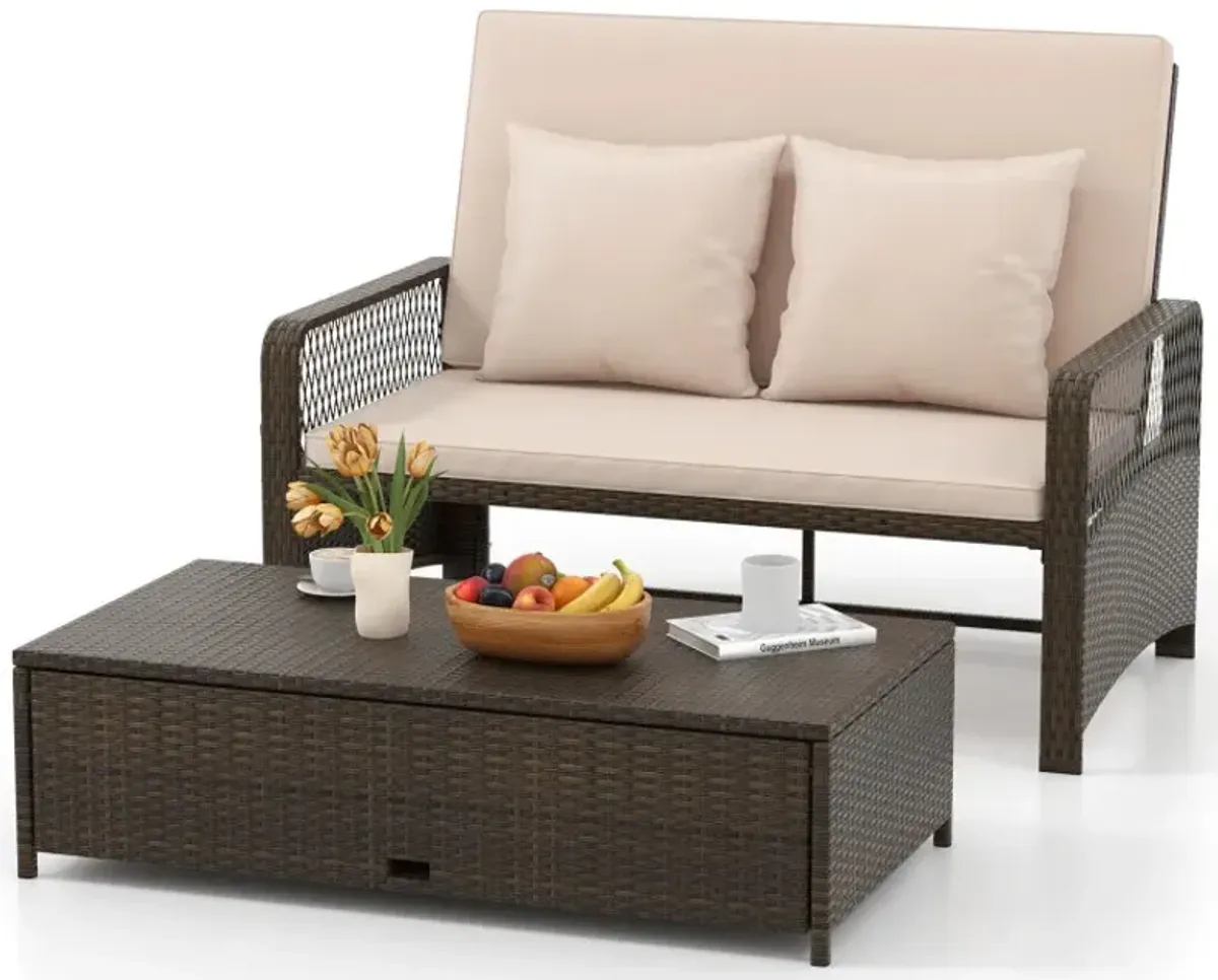 Patio Adjustable Wicker Daybed with 4-Level Backrest and Soft Cushions