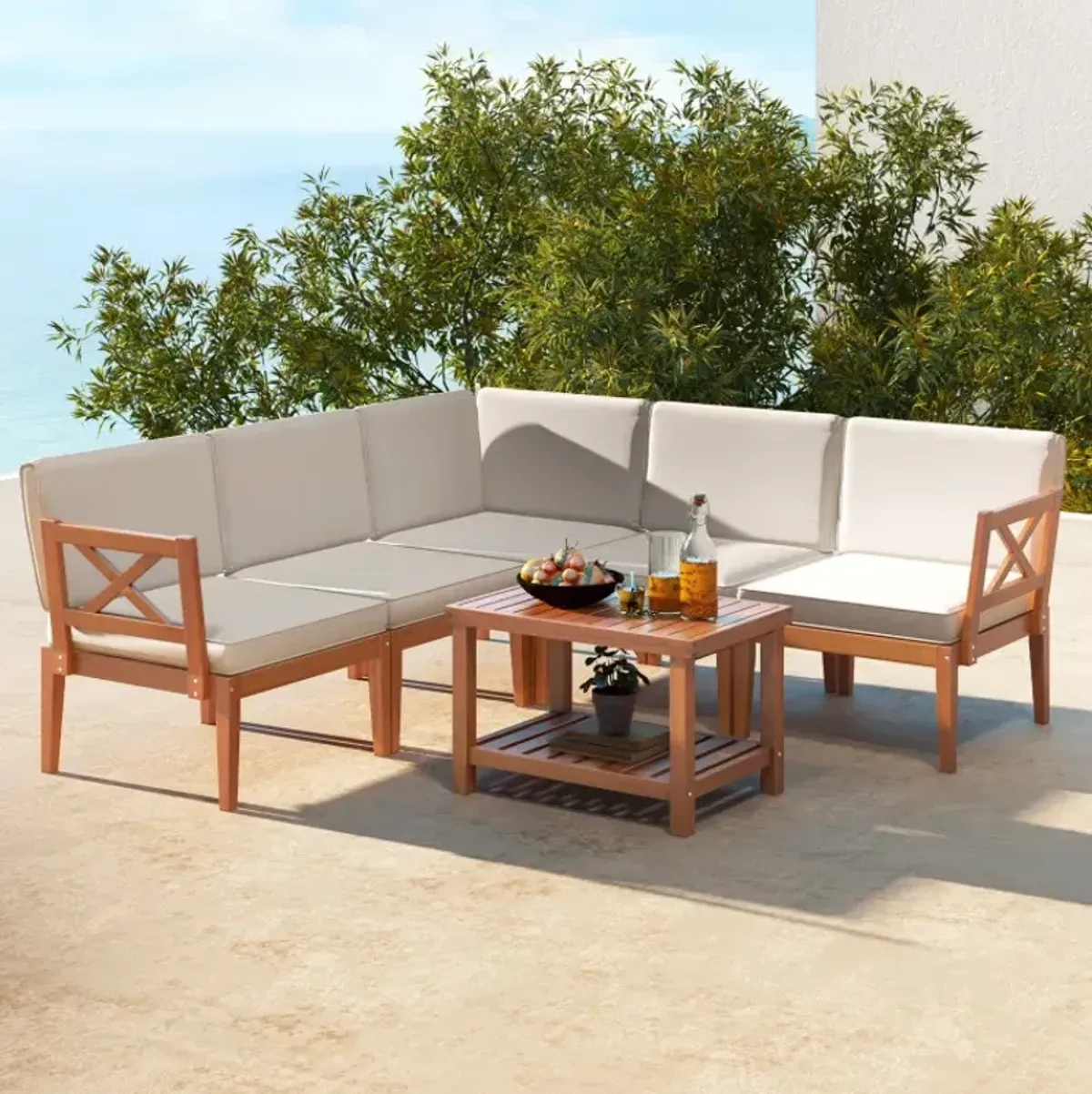 6 Pieces Acacia Wood Patio Furniture Set with Cushions and 2-Tier Coffee Table