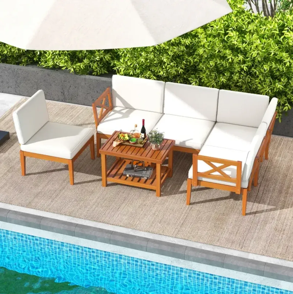 6 Pieces Acacia Wood Patio Furniture Set with Cushions and 2-Tier Coffee Table