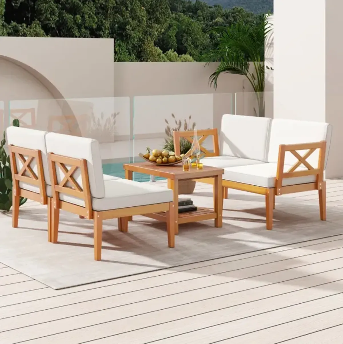 5 Pieces Acacia Wood Patio Furniture Set Outdoor Sectional Conversation Set with Cushions