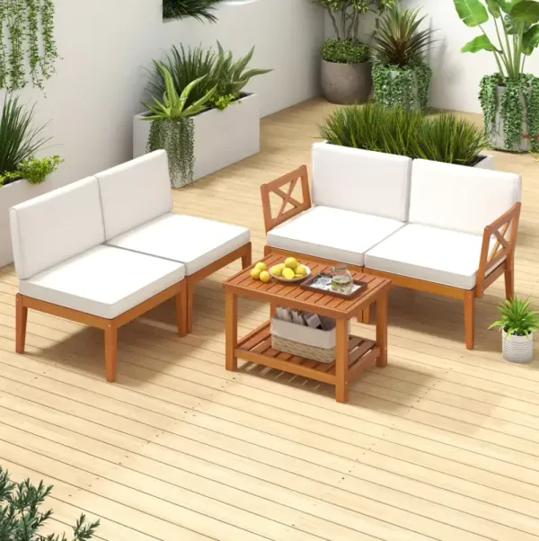 5 Pieces Acacia Wood Patio Furniture Set Outdoor Sectional Conversation Set with Cushions