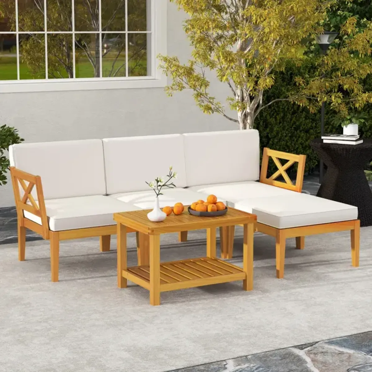 5 Pieces Acacia Wood Patio Furniture Set with 2-Tier Coffee Table and Cushions