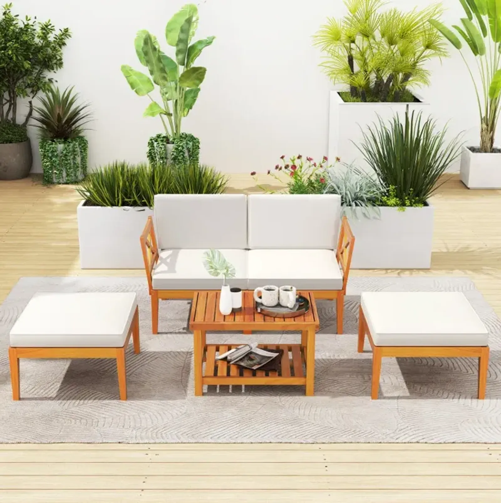 5 Pieces Acacia Wood Patio Chaise Lounge Chair Set with Ottoman and Cushions