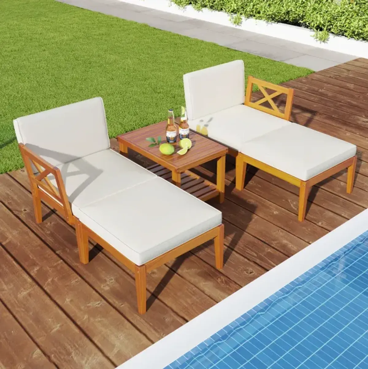 5 Pieces Acacia Wood Patio Chaise Lounge Chair Set with Ottoman and Cushions