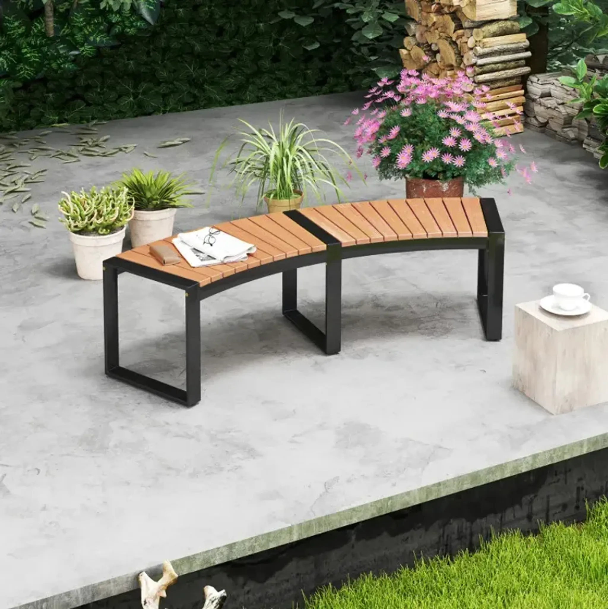 Patio Curved Bench With Slatted Seat And Metal Legs Costway | Furniture.com