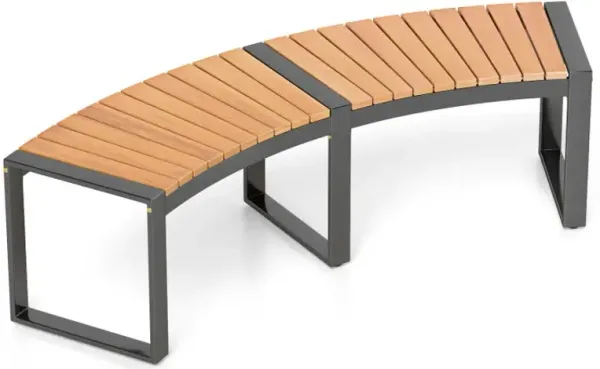 Patio Curved Bench with Slatted Seat and Metal Legs
