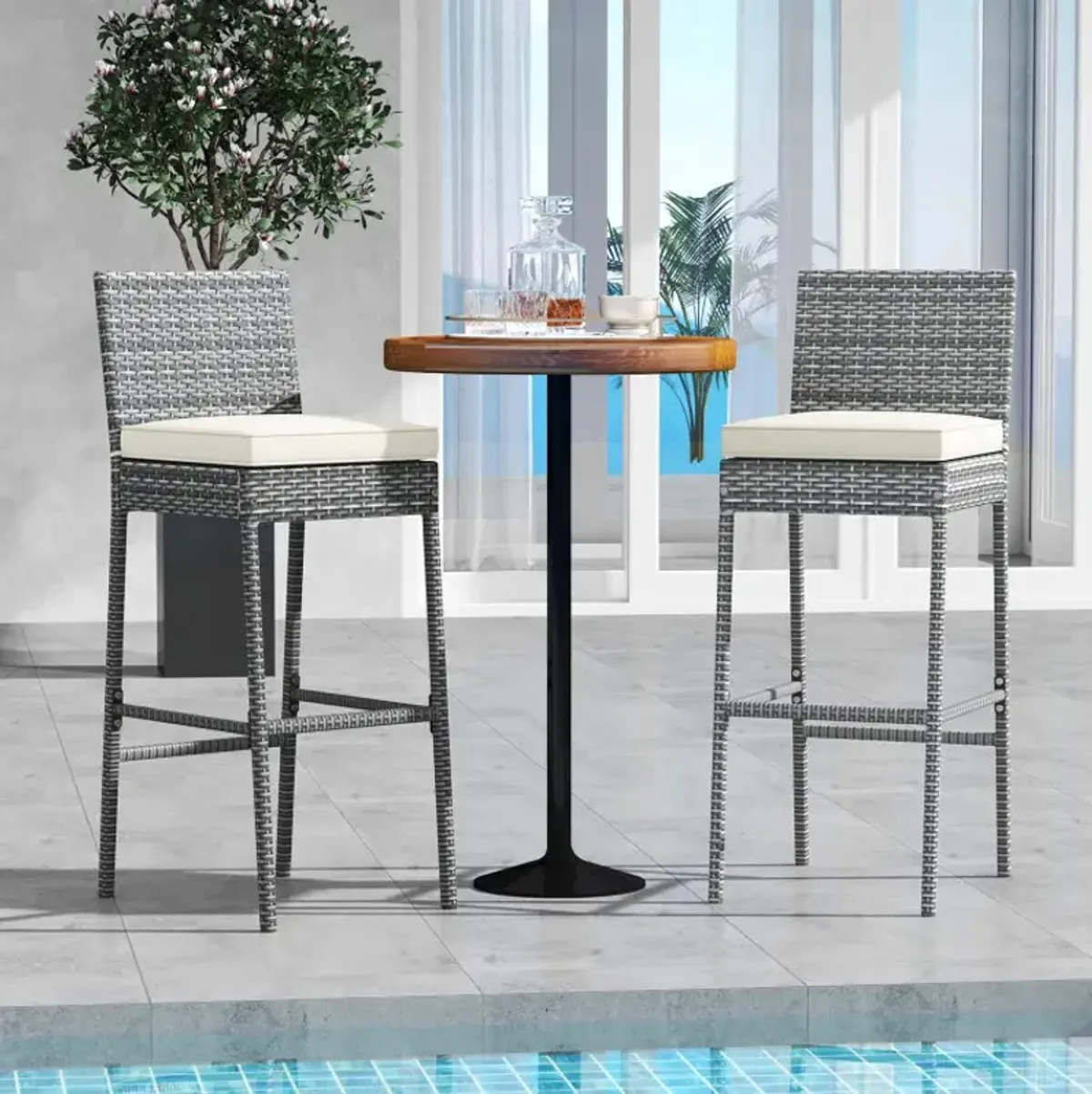 Set of 2/4 Patio Wicker Barstools with Soft Seat Cushion and Cozy Footrest