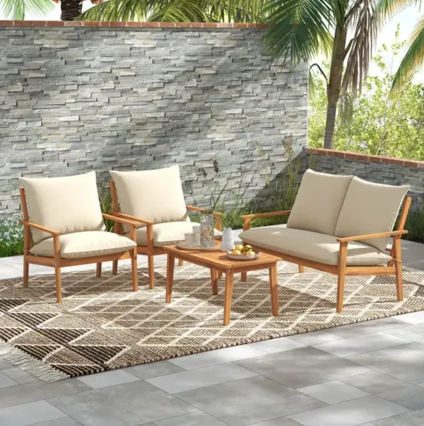 4 Pieces Outdoor Acacia Wood Conversation Set with Soft Cushions and Coffee Table