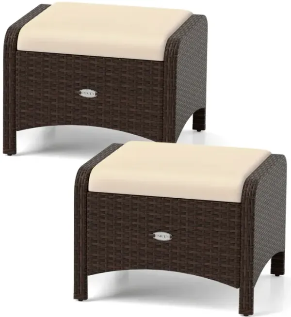 2 Pieces Outdoor Patio PE Wicker Ottomans with Removable Cushions