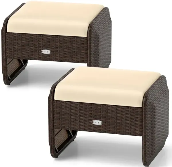 2 Pieces Outdoor Patio PE Wicker Ottomans with Removable Cushions