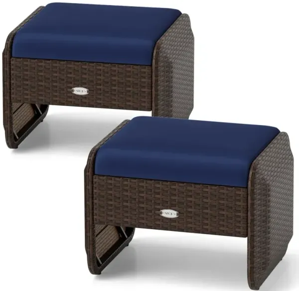 2 Pieces Outdoor Patio PE Wicker Ottomans with Removable Cushions