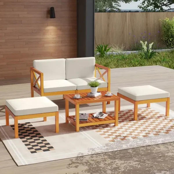 5 Pieces Acacia Wood Patio Lounge Chair Set with Ottomans and Cushions
