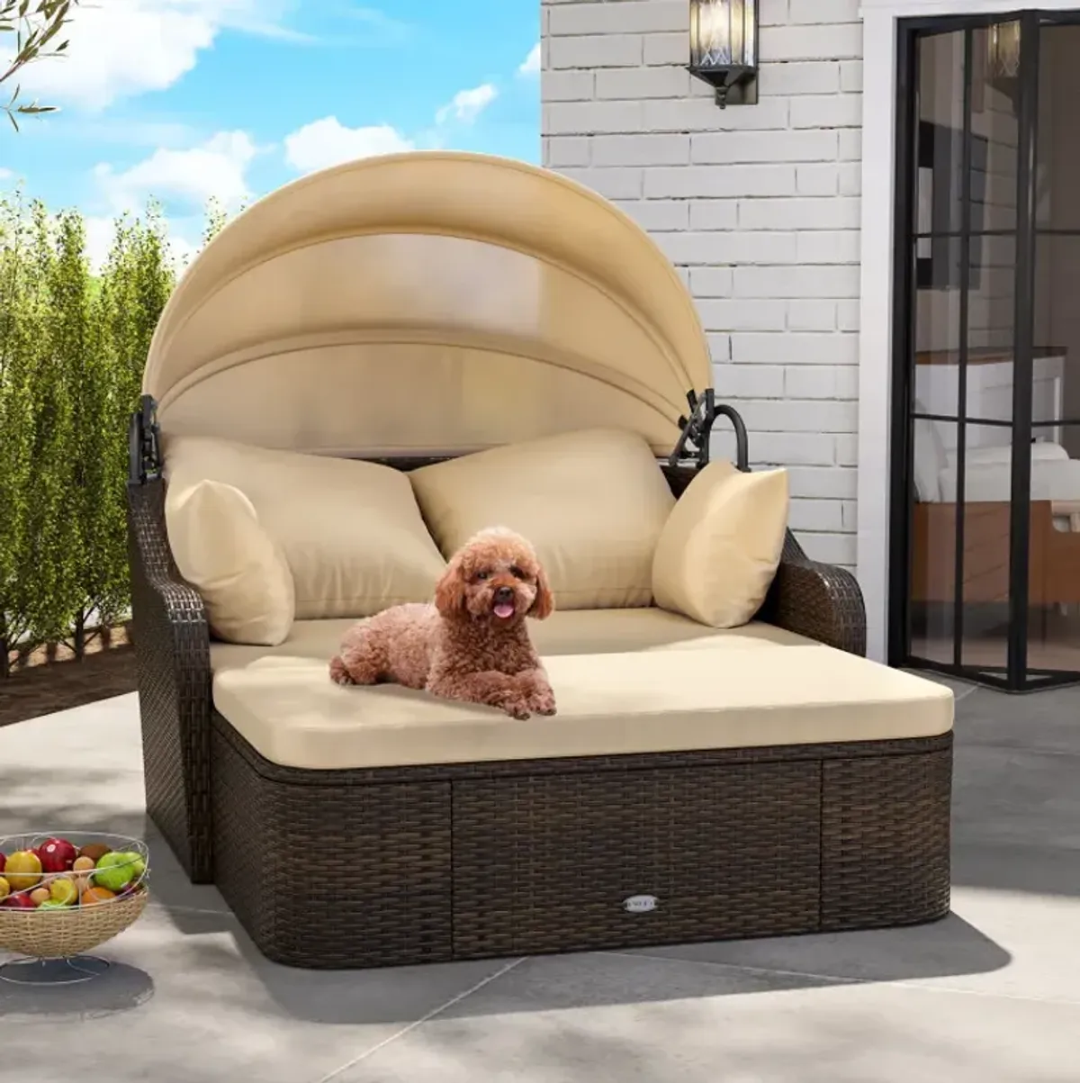 Patio PE Rattan Daybed with Retractable Canopy and Soft Cushions