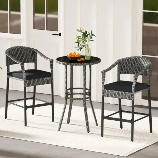 3-Piece Patio Rattan Bar Set with Tempered Glass Top for Backyard Poolside
