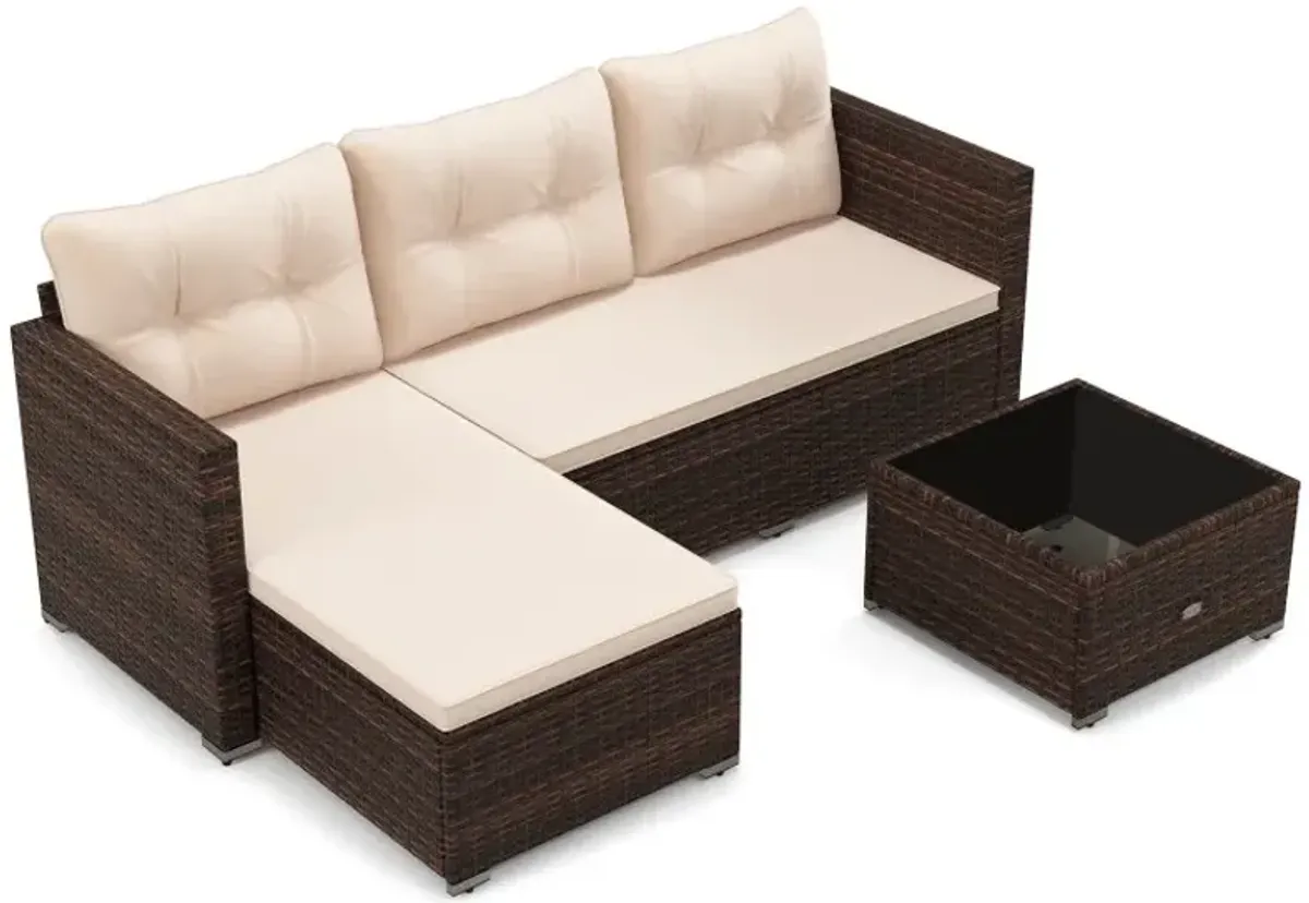 4 Seats Outdoor Wicker Furniture Set with Tempered Glass Coffee Table and Soft Cushions