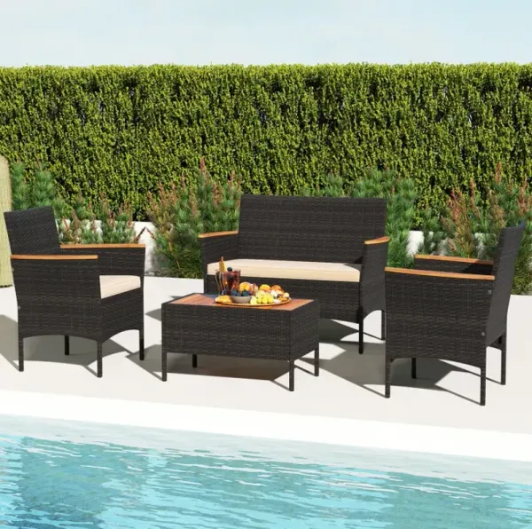 4 Piece Patio Wicker Sofa Set 2 Rattan Chairs and Loveseat with Table