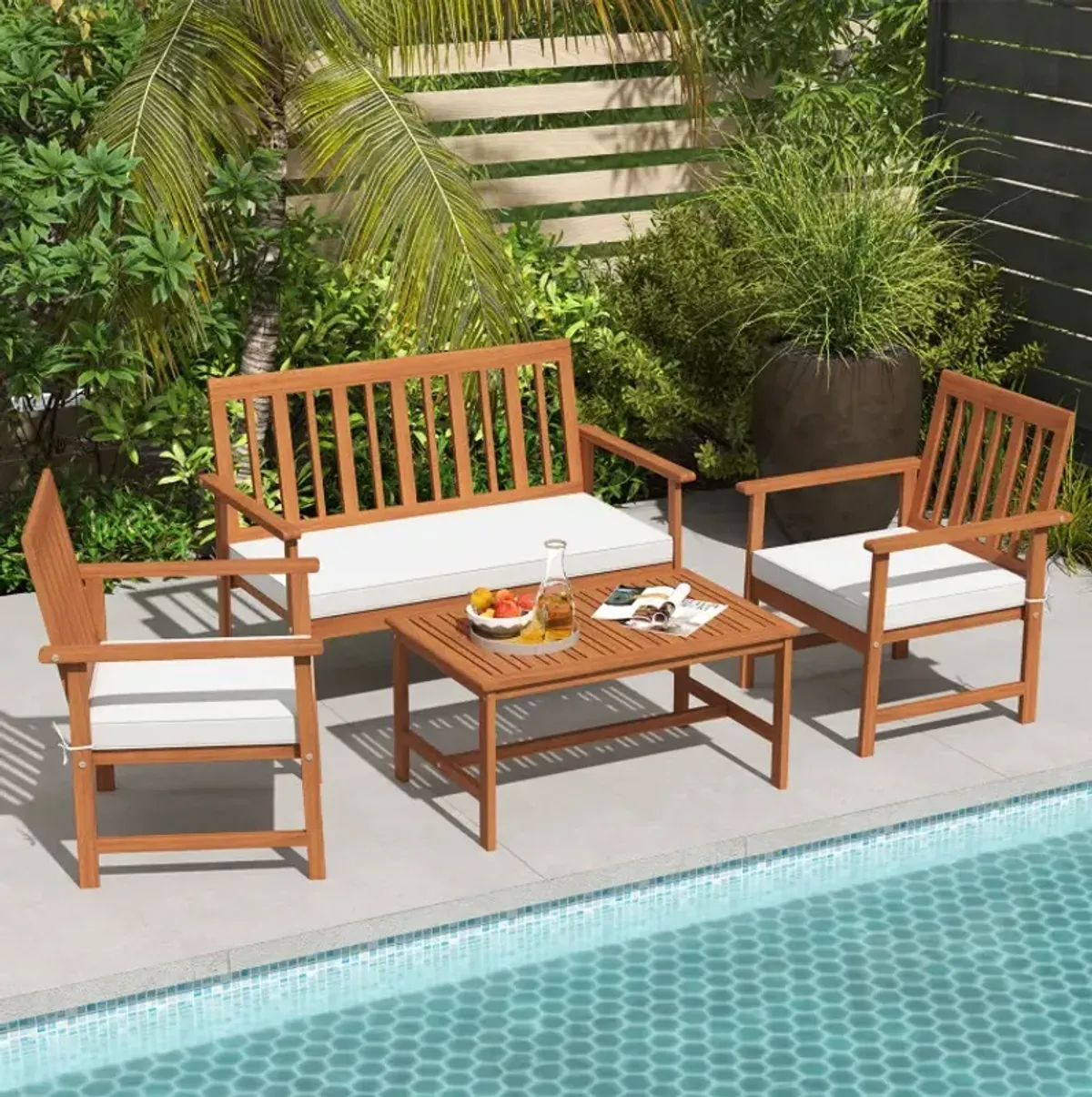 4 Pieces Acacia Wood Furniture Set with Seat Cushions and Robust Wood Frame