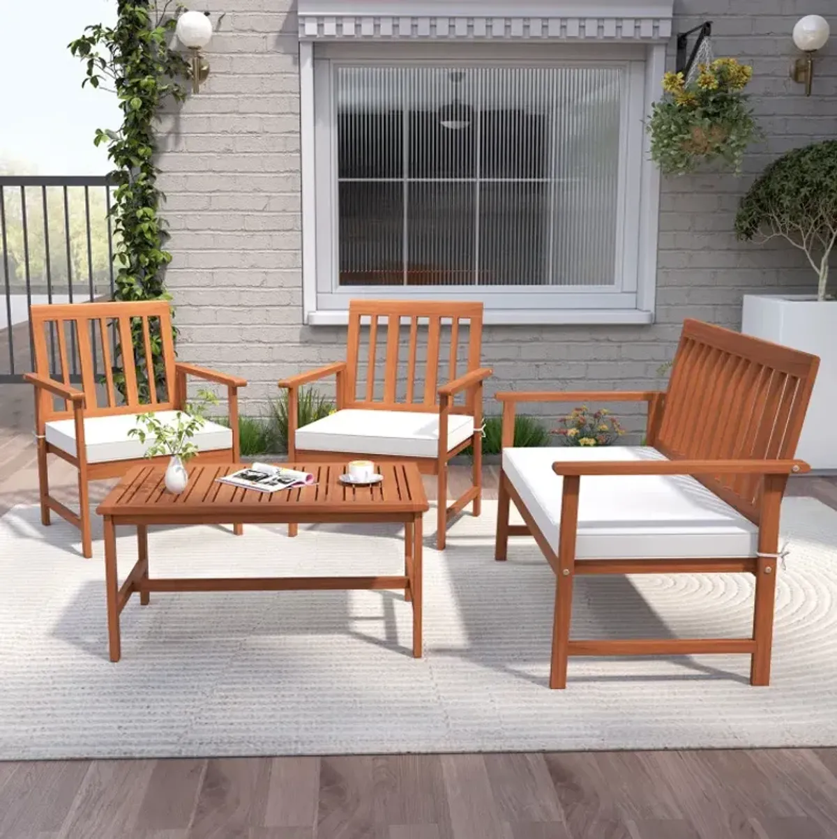 4 Pieces Acacia Wood Furniture Set with Seat Cushions and Robust Wood Frame