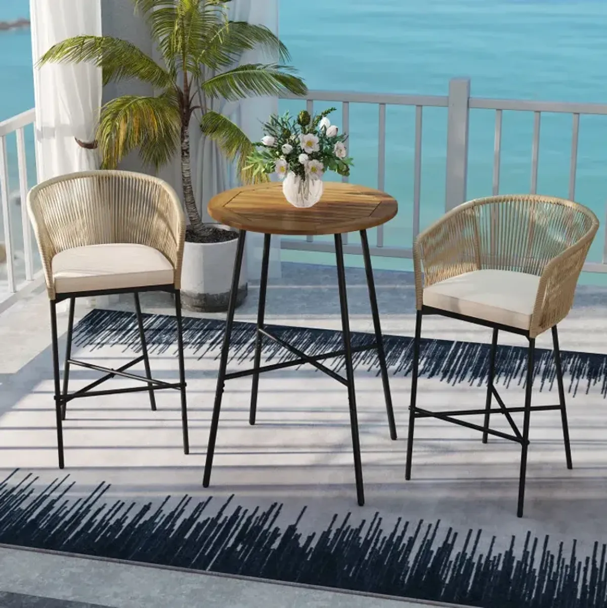 3 Pieces Rope Woven Patio Bar Set with Soft Cushions and Acacia Wood Tabletop