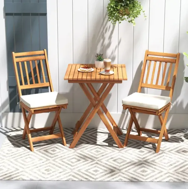 Outdoor Wood Bistro Set with Soft Seat Cushions and Table