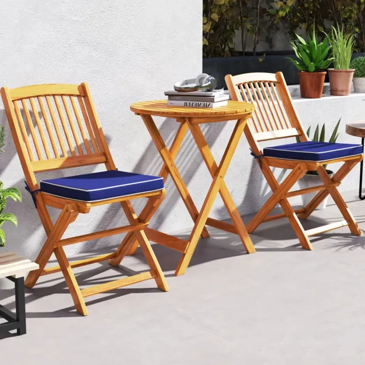 3 Pieces Acacia Wood Patio Folding Bistro Set with Soft Cushions