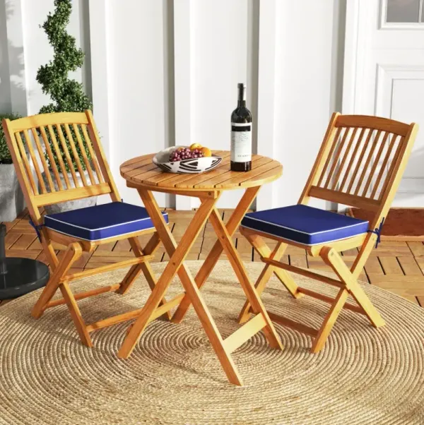 3 Pieces Acacia Wood Patio Folding Bistro Set with Soft Cushions