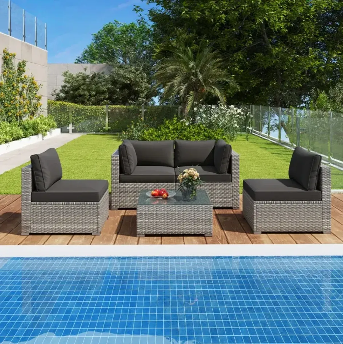 5-Piece Outdoor Patio Sectional Sofa Couch and Glass Coffee Table with Cushions