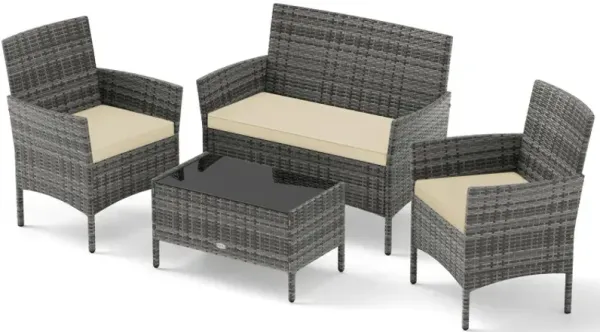 4 Pieces Patio Rattan Conversation Set with Tempered Glass Coffee Table