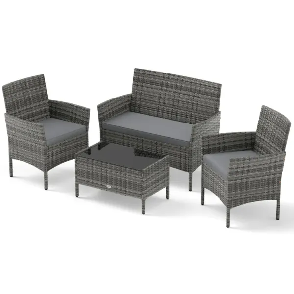 4 Pieces Patio Rattan Conversation Set with Tempered Glass Coffee Table