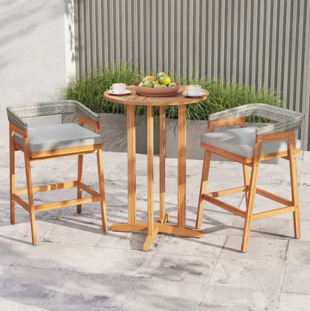 Set of 2 Patio Acacia Wood Counter Height Bar Stools with Cushions and Wicker Backrests Footrests