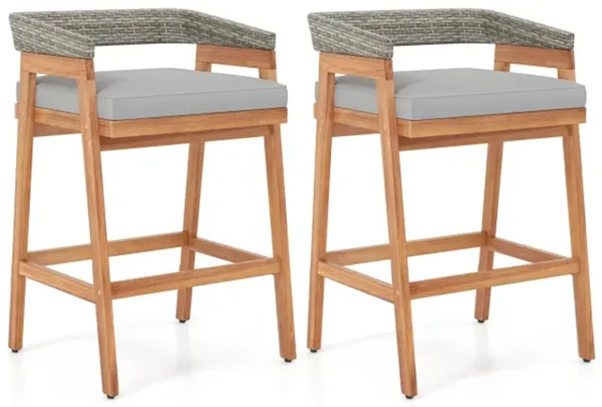 Set of 2 Patio Acacia Wood Counter Height Bar Stools with Cushions and Wicker Backrests Footrests