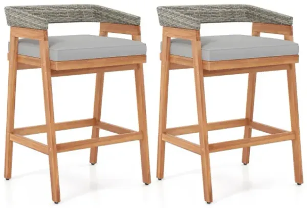 Set of 2 Patio Acacia Wood Counter Height Bar Stools with Cushions and Wicker Backrests Footrests