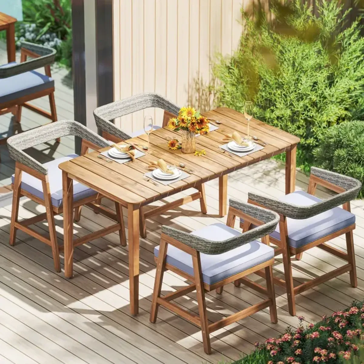 Outdoor Acacia Wood Patio Wicker Dining Chairs Set of 4 with Seat Cushion