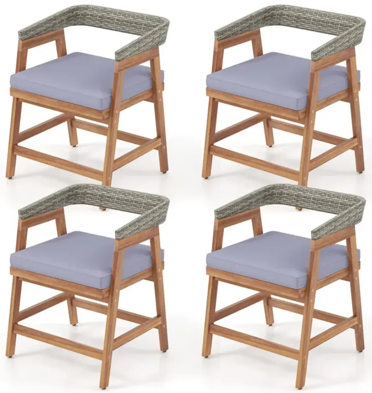 Outdoor Acacia Wood Patio Wicker Dining Chairs Set of 4 with Seat Cushion