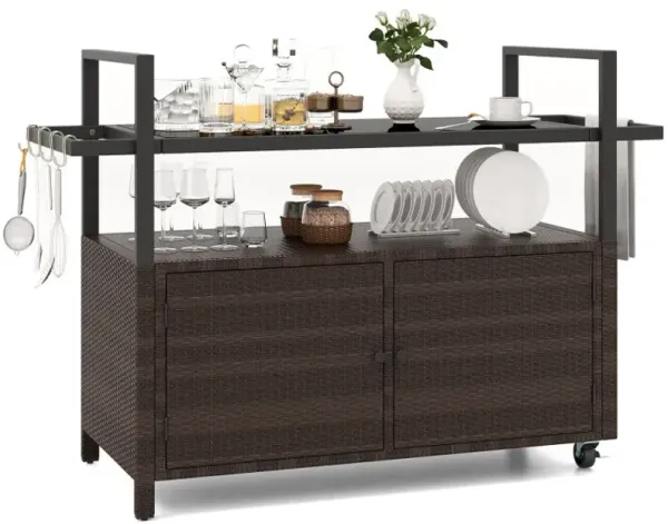 Outdoor Bar Cart Wicker Buffet Serving Cart with Cabinet and 8 Hooks