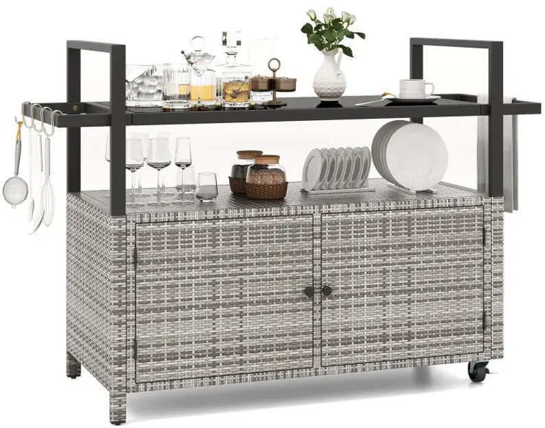 Outdoor Bar Cart Wicker Buffet Serving Cart with Cabinet and 8 Hooks