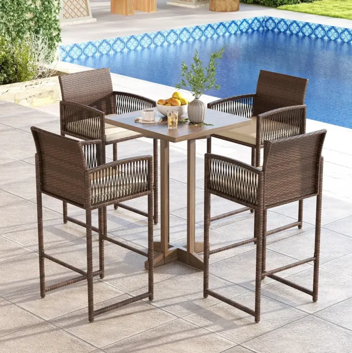 Outdoor PE Wicker Bar Stools Set of 2 Patio Bar Height Chairs with Cushions