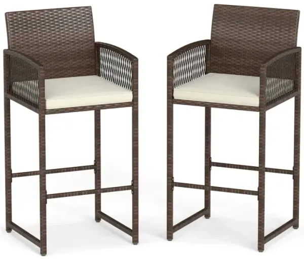 Outdoor PE Wicker Bar Stools Set of 2 Patio Bar Height Chairs with Cushions