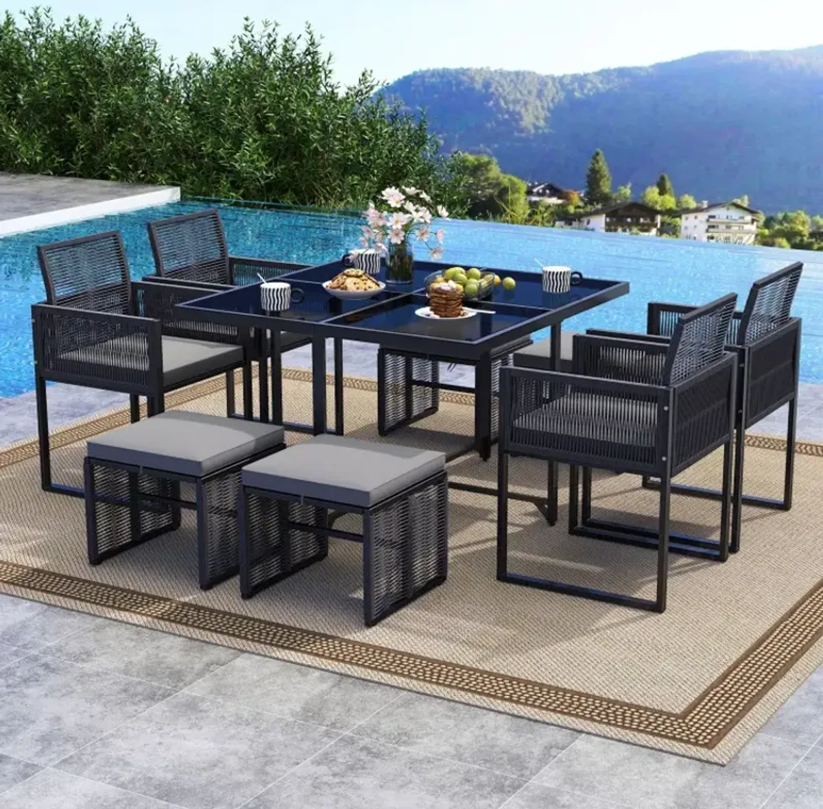 9 Pieces Patio Dining Set with Cushions for Yard Garden