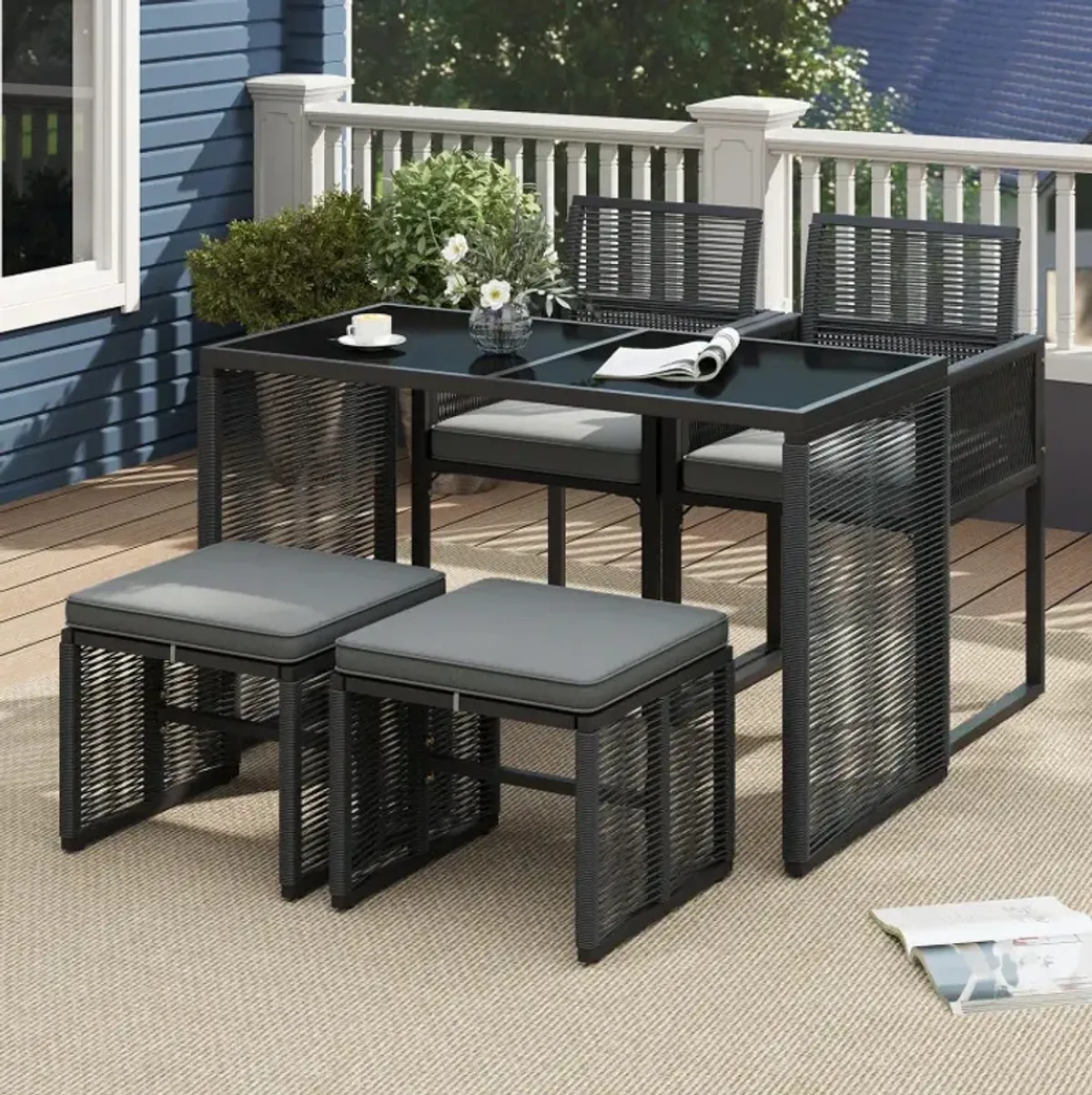 5 Pieces Outdoor Conversation Set with Removable Cushions for Backyard Porch