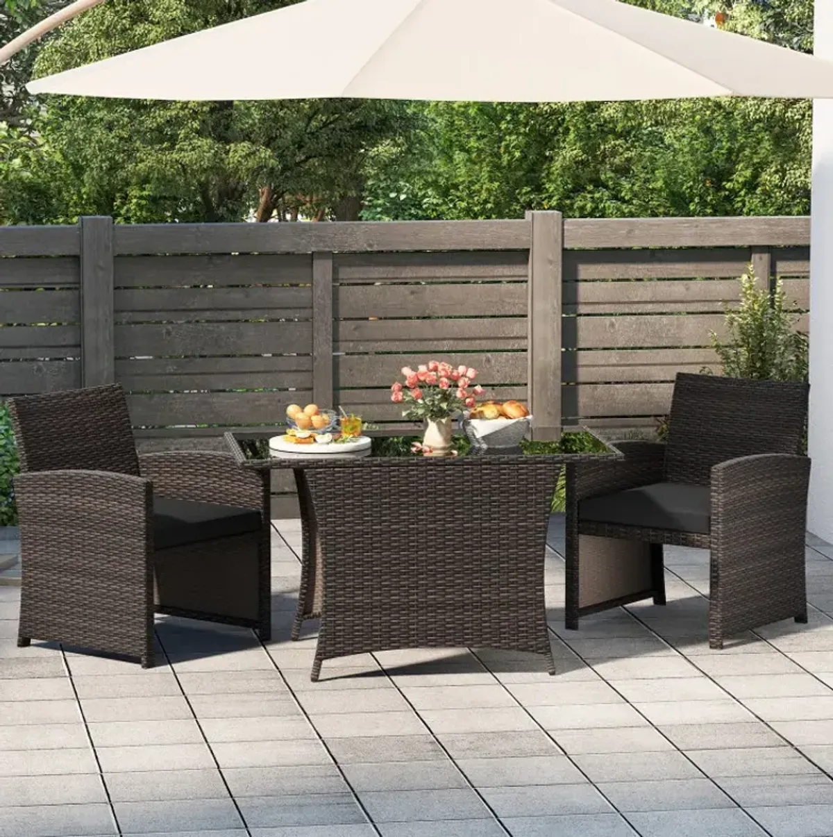 3 Piece Patio Wicker Dining Set with Rectangle Tempered Glass Dining Table